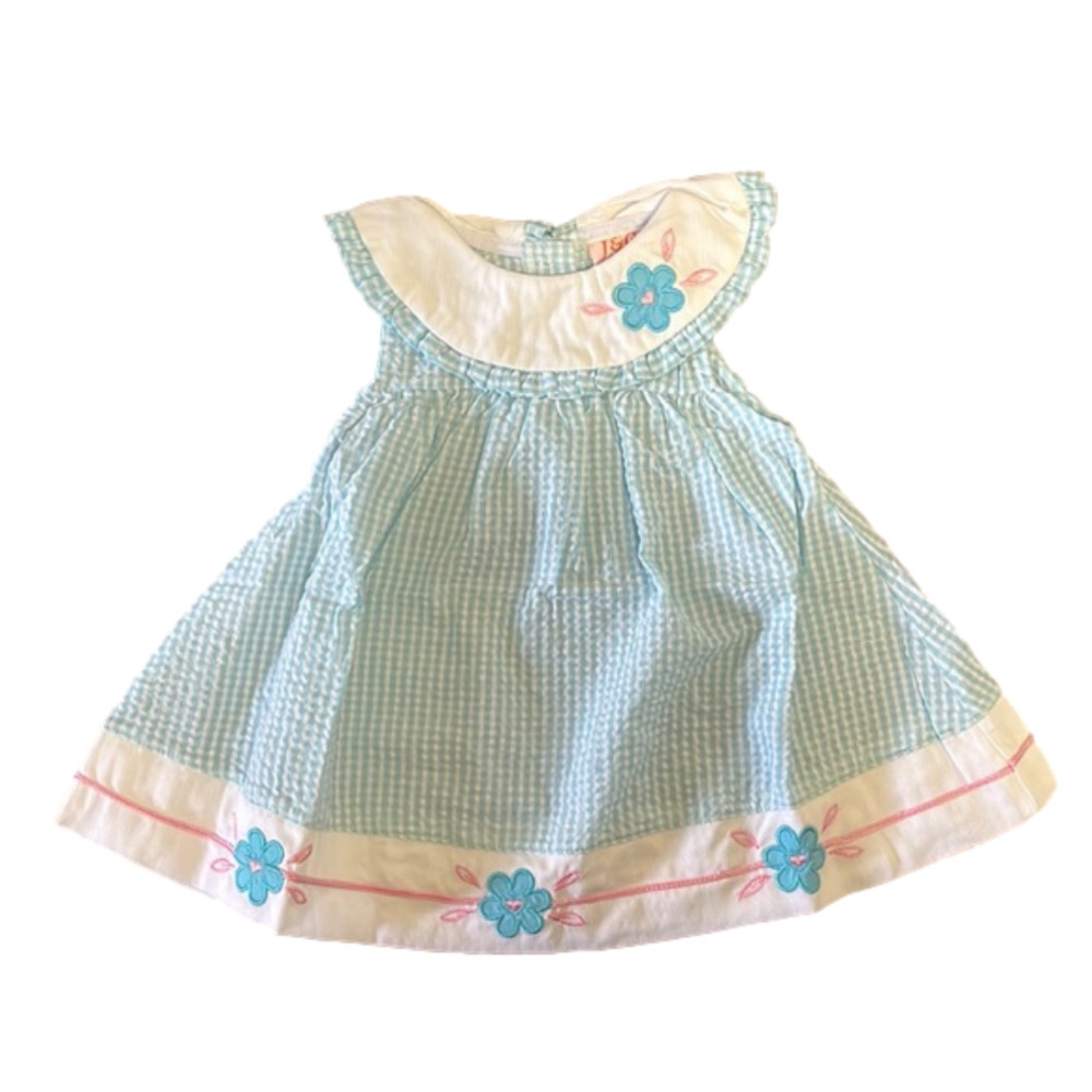 80s Seersucker Cotton Summer Dress Blue Gingham Floral Peter Pan Collar 6 Months